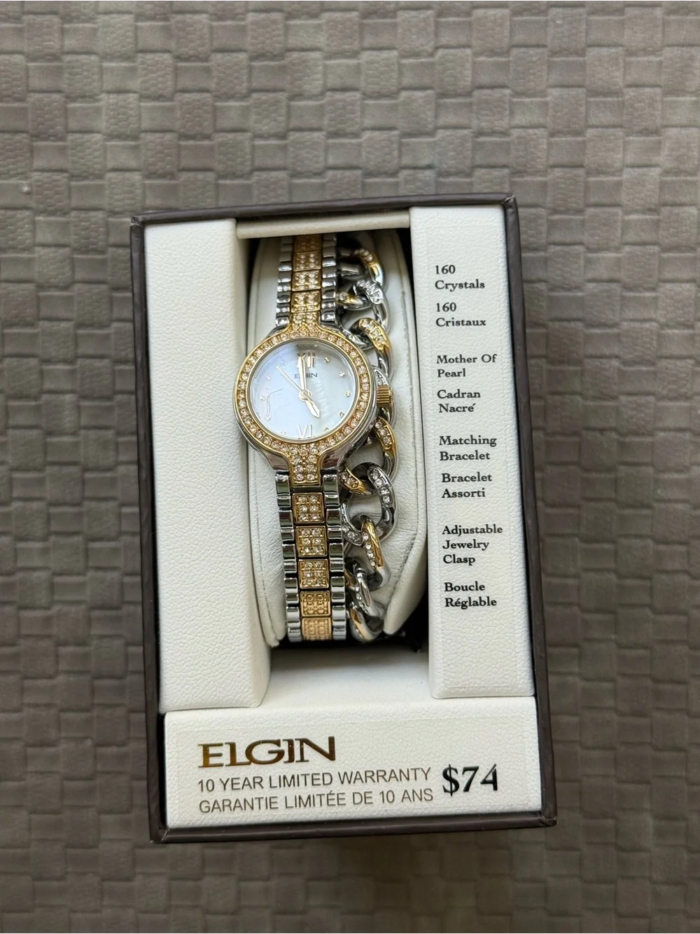 Elgin Two-Tone Crystal Accent Ladies Watch Bracelet set- Gold & Silver New